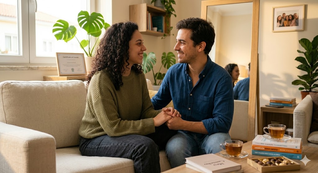 Casal conversando em ambiente acolhedor, representando vínculo e comunicação nos relacionamentos