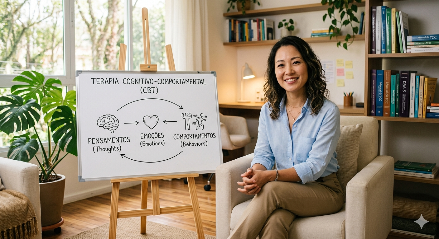 Explicação visual da Terapia Cognitivo-Comportamental, relacionando pensamentos, emoções e comportamentos